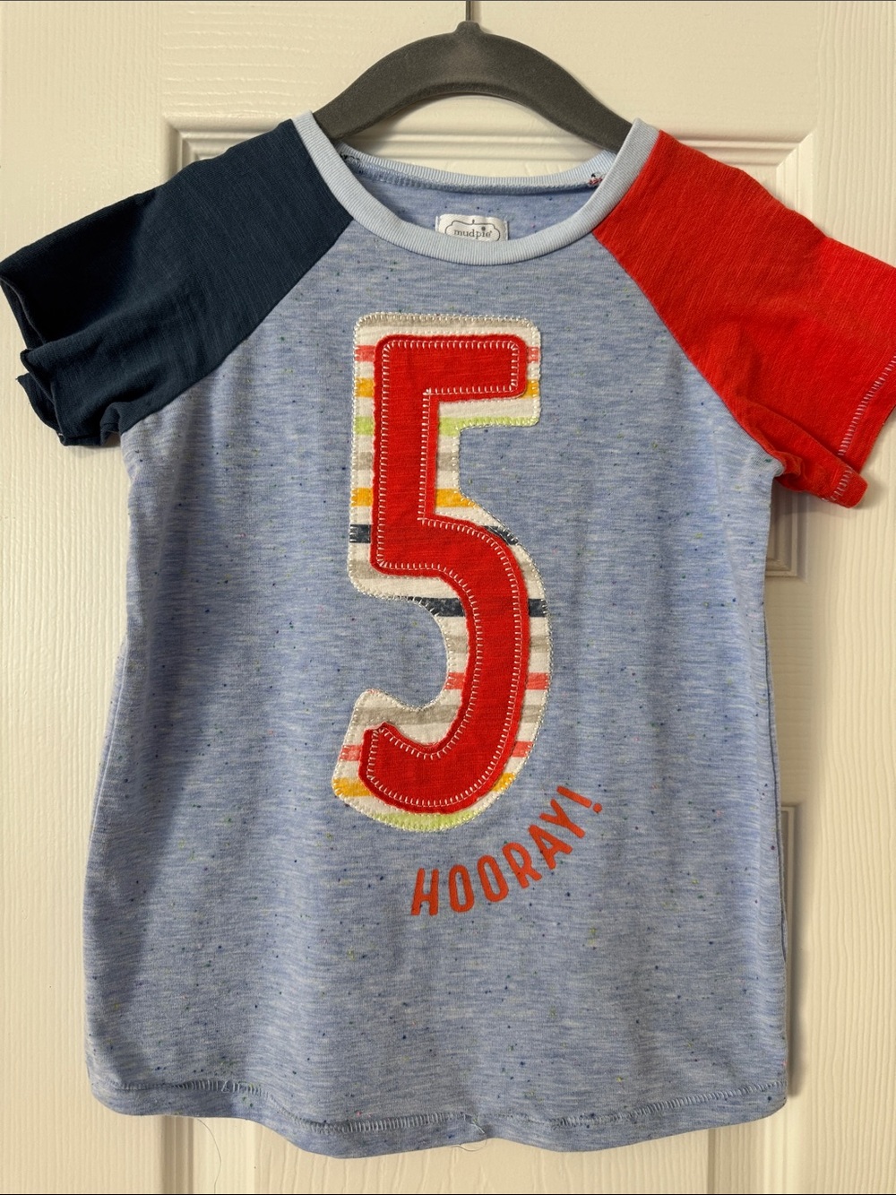 Mud Pie 5th Birthday Tee with Red Number 5 and Contrasting Sleeves